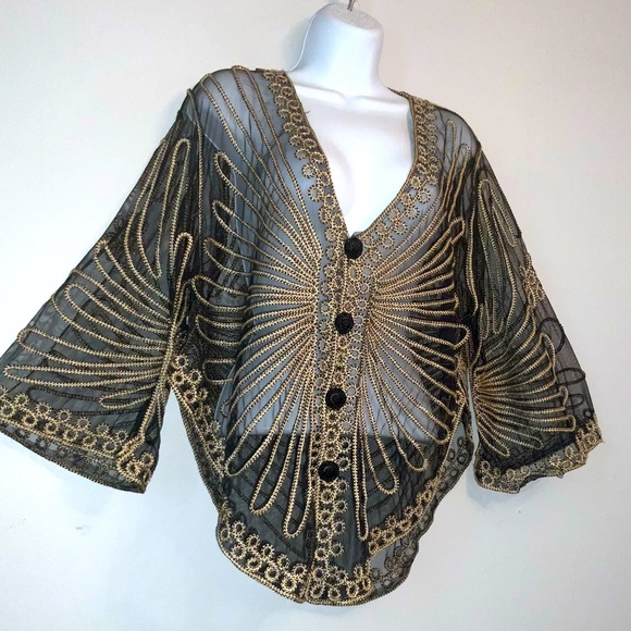 Gorgeous Vintage Black & Gold Embroidered Sheer Retro Poncho OS - Picture 9 of 11